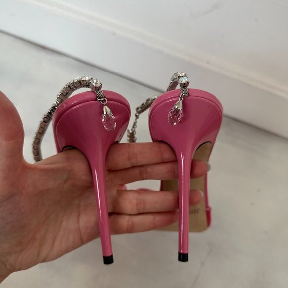 Jimmy Choo Saeda 100 Pointed Toe Mesh Pumps Pink Crystal Embellished Ankle Strap - Picture 7 of 9